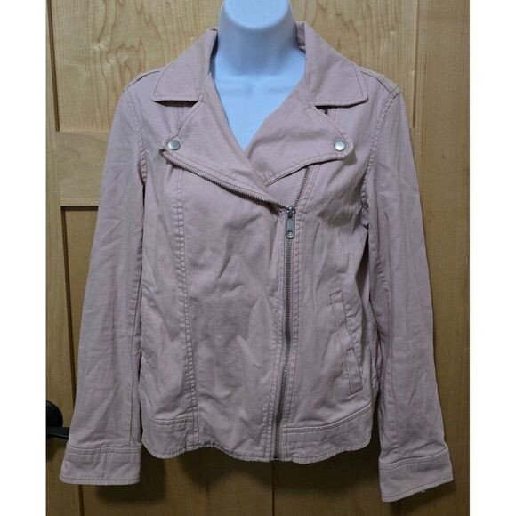Womens Light Pink Moto Jacket With Silver Zipper Details & Pockets Casual Style - Picture 2 of 9